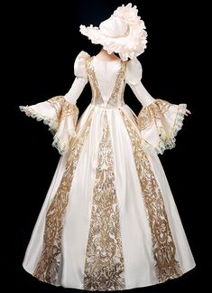 Vintage Champagne Renaissance Victorian Period Ball Gown Marie Antoinette Dress Reenactment Theater Costumes     Condition: Brand New   Color:  As Picture   Material: Satins And Lace   Silhouette: Ball Gown   Sleeve Length: Long Sleeve   Dresses Length:Floor-Length   Neckline: O-Neck   Decoration: Lace   Style: Vintage     Includes: Dress + Hat     More Detail: About 45 inches (114 cm) long from waist to hem regardless of size. This dress is pictured with a 4-hoop skirt underneath to achiev White Long Sleeve Gown For Costume Party, White Medieval Dress With Historical Design, Regency Style Victorian Dress For Fancy Dress, Historical Ball Gown Dresses For Theater, Vintage Floor-length Medieval Dress For Costume Party, Elegant White Medieval Dress For Costume Party, Historical Ball Gown For Theater, Regency Style Victorian Dress For Theater, Medieval White Dress For Costume Party