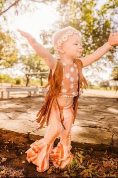 "This set is PERFECT for a 70's or Groovy inspired birthday party. Flower crowns now available! If you are looking for the vest to go with, go check out fellow Etsy shop, wholesomegoodsco https://www.etsy.com/listing/933521007/ Headwraps will come as a bow on a thick fabric band, Bows will come on a nylon band. Both garments are made from a super soft wide rib material. The bells are a super soft wide rib material, designed with a yoga band for a nice and comfortable fit. The halter top is a sup Groovy One Birthday Outfit, Groovy Party Outfits, Groovy Outfits 70s, Two Groovy Outfit, Groovy Birthday Outfit, Groovy Photoshoot, Hippie Outfits 70s, Groovy Outfits, Baby Bell Bottoms