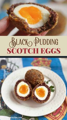 black pudding scotch eggs on a white plate