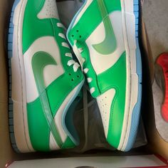 Green Blue White Dunk Fits Ladies Size 12.5 Green Basketball Shoes With Translucent Outsole, Green Low-top Basketball Shoes With Translucent Outsole, Nike Custom Green Sneakers With Translucent Outsole, Dunk Fits, Nike Green, Shoes Nike, Nike Dunk, Nike Dunks, Mens Shoes Sneakers