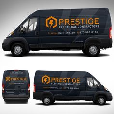 a black van with an orange prestige electrical logo on the front and side door is shown in three different views