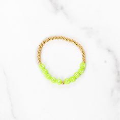 Customizable Green Jewelry For Everyday Wear, Customizable Green Jewelry For Everyday, Gold Personalized Casual Stretch Bracelet, Personalized Green Beaded Bracelets With Letter Beads, Personalized Green Trendy Bracelets, Green Name Bracelet With Letter Beads, Trendy Green Name Bracelet For Gift, Casual Gold Stretch Bracelet Personalized, Trendy Personalized Green Bracelets