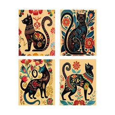 four different designs of cats with flowers on them