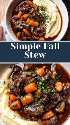 two pictures with the words simple fall stew and mashed potatoes in them on top