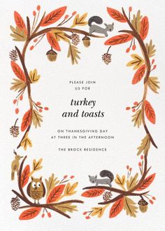 an autumn wedding card with leaves, acorns and squirrels in the center