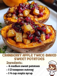 an advertisement for cranberry apple twice - baked sweet potatoes on a white plate