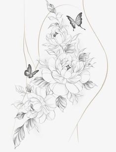 a woman's stomach with flowers and butterflies on the side, in black and white