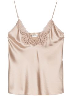 taupe brown silk duchess satin weave lace trim V-neck adjustable spaghetti straps sleeveless scallop hem unlined Cream Top, Saint Laurent Clothes, Fashion Forward Outfits, Lace Trim Top, Brown Silk, Lace Cami, City Dress, Satin Top, Summer Beach Wear