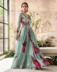 Daytime Glam, Beautiful Frocks, Blue Anarkali, Muslin Dress, Floral Lehenga, Color Block Skirt, Anarkali Suit, Indian Fashion Designers, Anarkali Dress