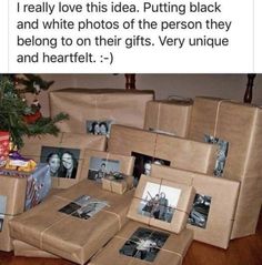 several wrapped presents sitting on the floor next to a christmas tree