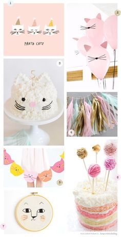 a collage of pink and gold items including cake, cat ears, paper decorations, and more