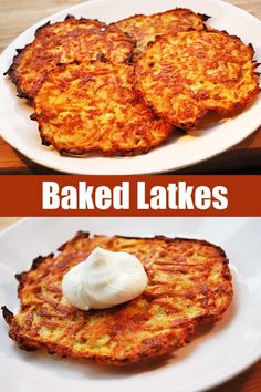 two plates with some food on them and the words baked latkes above it