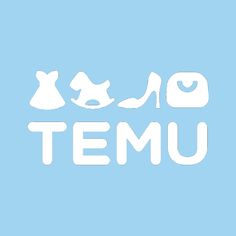 the word temu is written in white on a blue background with shoes and dresses