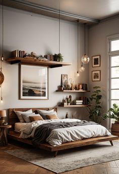 a bed sitting in a bedroom on top of a wooden floor next to a window