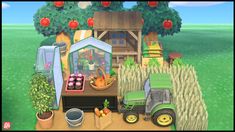 an animated farm scene with a tractor and vegetables