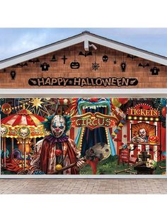 an image of a garage decorated for halloween with clowns and carnival rides on it