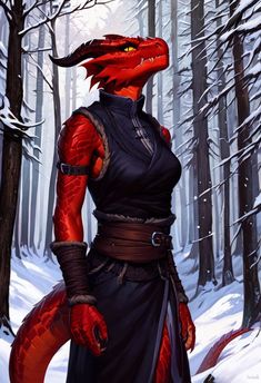 a red dragon is standing in the middle of a snowy forest with a man wearing a black outfit