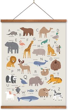 an animal alphabet poster hanging on a wall