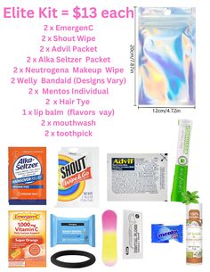 Our Resealable Pre-filled HANGOVER KIT  includes all the essentials to say goodbye to post-party regrets or to help you bounce back from a night of fun! There is a kit for every budget! Each kit comes with a custom label that can add the name/date/location!  Basic + Kit = $9 each 1 x EmergenC 1 x Shout Wipe 2 x Advil Packet 2 x Alka Seltzer  Packet 2 x Neutrogena  Makeup  Wipe 1 Welly  Bandaid (Designs Vary) 2  x  Mentos Individual 2  x Hair Tye  1 x lip balm  (flavors  vay) Deluxe Kit = $10 each 1 x EmergenC 1 x Shout Wipe 1 x Advil Packet 1 x Alka Seltzer  Packet 1 x Neutrogena  Makeup  Wipe 1 Welly  Bandaid (Designs Vary) 2 x  Mentos Individual 2  x Hair Tye  1 x lip balm  (flavors  vay) 1 x mouthwash 1 x toothpick Deluxe Kit = $12 each 1 x EmergenC 1 x Shout Wipe 2 x Advil Packet 1 x A Bachelorette Recovery Basket, Hair Tye, Lip Balm Flavors, Alka Seltzer, Neutrogena Makeup, Hangover Kit, Makeup Wipes, Bounce Back, Custom Label