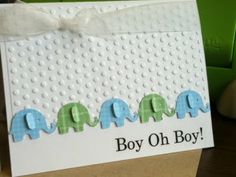 a card with three elephants on it and the words boy oh boy written in black