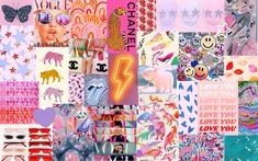 a collage of images with different colors and patterns on them, including pink, blue,