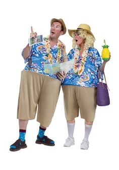 two people dressed in costumes standing next to each other and one holding a drink, the other pointing at something