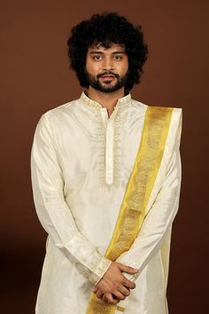 Off-white pattu kurta featuring zardozi and gold thread embroidery on the neckline and sleeve hem. Paired dhoti pant and a kanduva. - Aza Fashions Gold Thread Embroidery, Men Kurta, Dhoti Pants, Luxury Sale, Thread Embroidery, Gold Thread, Fashion App, Gold Threads, Modern Bride