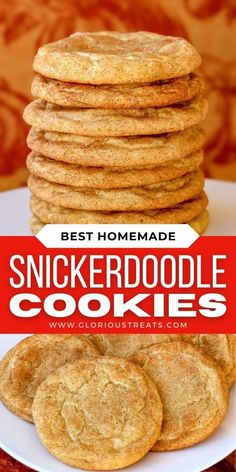 the best homemade snickkerdoodle cookies are on a white plate with red lettering