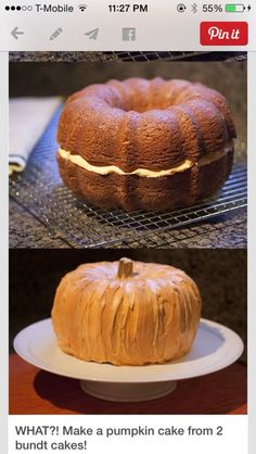 an image of a pumpkin cake on the left and in the right side, with what i make a pumpkin cake from 2 bundt cakes