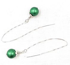 "A Swarovski Eden Green (new color!) pearl dangles from sterling silver box chain ear threads to create a \"day into night look\" Elegant and sophisticated! Ear threads are  light and comfortable and you can control how far below your ear they dangle by how much chain you pull through behind your ear. Ear threads are then held in place by clear plastic backs. This pair of ear threads pictured are four inches long, overall length is 4.5 inches.  Listing is for a pair of ear threads. Please contact me if you want to purchase a single earring. Each pair comes on a jewelry card, in a plastic bag and then boxed for safety during its travels to you." Elegant Silver Threader Earrings, Elegant Dangle Box Chain Threader Earrings, Elegant Box Chain Threader Earrings For Gift, Elegant Dangle Threader Earrings With Box Chain, Elegant Threader Earrings With Box Chain For Gift, Elegant Adjustable Nickel-free Threader Earrings, Eden Green, Ear Threader, Jewelry Card