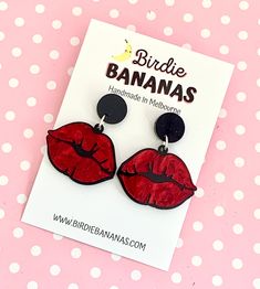 Red Lip Earrings Features Classic red lips in a gorgeous red swirl acrylic, layered with a contrasting black backing.  Earrings are topped with a black acrylic stud.  All earrings feature stainless steel post and jump rings. They are incredibly lightweight and easy to wear Size Length: 6cm Width: 4cm   Shipping and Handling I aim to ship same or next business day. Shipping is standard and generally takes 2-14 business days.  If you require an express service please upgrade shipping at checkout. Lip Earrings, Horror Earrings, Rockabilly Pin Up, Unique Accessories, Rocky Horror, Steel Post, Red Lip, Earrings Unique, Black Acrylic