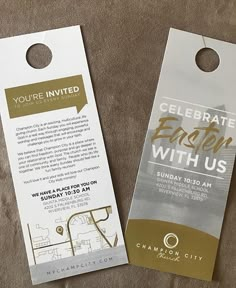 two door hangers that say celebrate easter with us and have gold foil on them