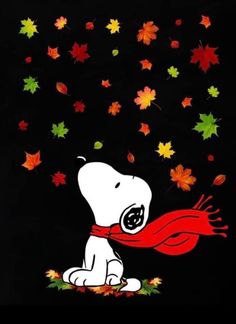 a cartoon dog with a red scarf around his neck and falling leaves in the air