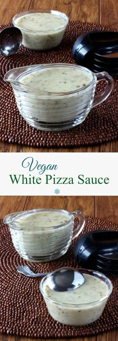 three bowls filled with white pizza sauce on top of a wooden table