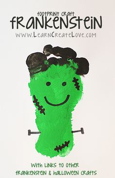 a green handprint with a smiling face on it and the words, halloween crafts for kids