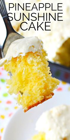 a slice of pineapple sunshine cake on a fork