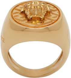 Signet ring in gold-tone brass. · Signature Greek key pattern and Medusa at face · Logo engraved at side and inner band Supplier color: Versace gold Versace Gold, Greek Key Pattern, Face Logo, Greek Key, Signet Ring, Apparel Accessories, Versace, Jewelry Watches, Mens Jewelry