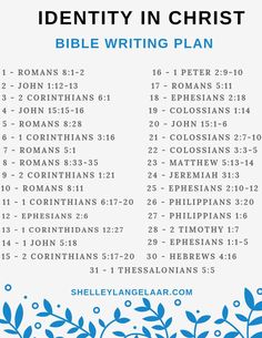 the identity in christ bible writing plan with blue and white flowers on top of it