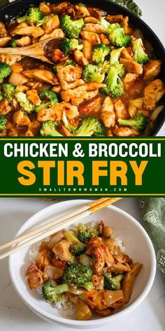 chicken and broccoli stir fry in a skillet with chopsticks on the side