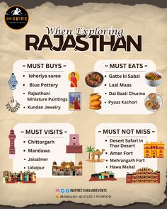 Rajasthan must-dos | travel creative | social media post creative | travel Rajasthan Bucket List, Dal Baati Churma, Rajasthan Trip, India Bucket List, Rajasthan Travel, Rajasthan Tourism, Travel India Beautiful Places, Mehrangarh Fort, Jaipur Travel