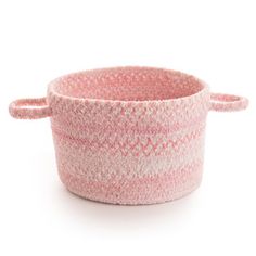 a pink and white basket with two handles on the front, sitting on a white surface