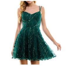 City Studios Sequined Glitter-Mesh Skater Dress Sz 9/10 In Green Machine Wash, Tumble Dry Measurements Are Posted In The Pctures. Scroll Toward The Ends!! B4 City Studio Dress, Studio Green, Fit And Flare Silhouette, Glitter Dress, Flowing Skirt, Studio City, Polyester Dress, This City, Mesh Dress