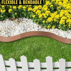 a white picket fence sitting in the grass next to yellow flowers and green grass with text overlay reading how to build a flexible and bendable garden