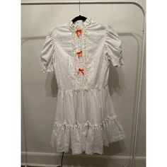 Suuuper Cute Baby Doll Dress With An Elastic Waist And A Zipper Up The Back. No Size Listed But Fits A Size Large. Found In A Vintage Shop But Never Worn By Me. Cute Fitted Vintage Dress With Short Sleeves, White Vintage Mini Dress With Ruffles, Coquette Dress With Puff Sleeves And Ruffles, Ruffled Puff Sleeve Dress, Cute Fitted Ruffled Vintage Dress, Cute Fitted Vintage Dress With Ruffles, Short Sleeve Coquette Dresses For Spring, Coquette Short Sleeve Dresses For Spring, Coquette Short Sleeve Spring Dresses