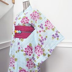 Japanese Traditional Yukata Kimono - Purple Hydrangeas in Striped Blue Spring Purple Floral Print Kimono, Purple Floral Print Kimono For Spring, Purple Floral Print Kimono For The Beach, Traditional Yukata, Blue And White Background, Purple Hydrangeas, Pink Hydrangeas, Japanese Yukata, Yukata Kimono