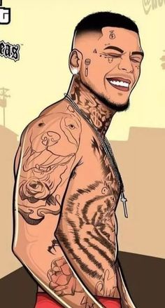 a drawing of a man with tattoos on his arm and chest, smiling at the camera