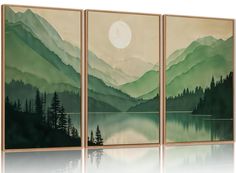 PRICES MAY VARY. 【Magnificent Woodland Decor Art Set】These green mountain peaks, lush jungles, sparkling mountain springs, and a stunning sunrise, the pieces harmonize beautifully to create a balanced and unified visual effect. Ideal for your living room, bedroom, or office, the non-figurative style and neutral colors cultivate a serene and visually pleasing environment. Elevate your decor and immerse yourself in the tranquility of nature with this captivating art set! 【Perfect Home Decoration 】 Green Mountain Painting, Forest Green Bathroom, Scenery Wall Painting, Mountain Lake Painting, Nature Themed Bedroom, Woodland Artwork, Tape Wall Art, Wall Decor Green, 3 Panel Wall Art