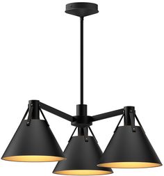 three light chandelier with black shades on the bottom and yellow lights above it