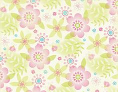 a green background with pink and blue flowers on the bottom, and light green border