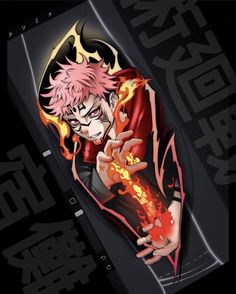 an anime character with pink hair and black eyes holding a red flame in his hand